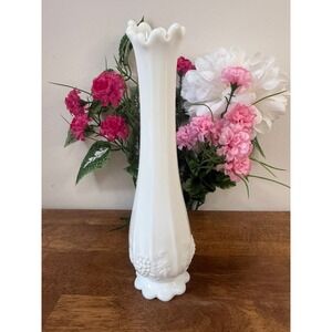 Vintage Westmoreland Milk Glass Bud Vase Paneled Grape Ruffled Rim Tall Elegant